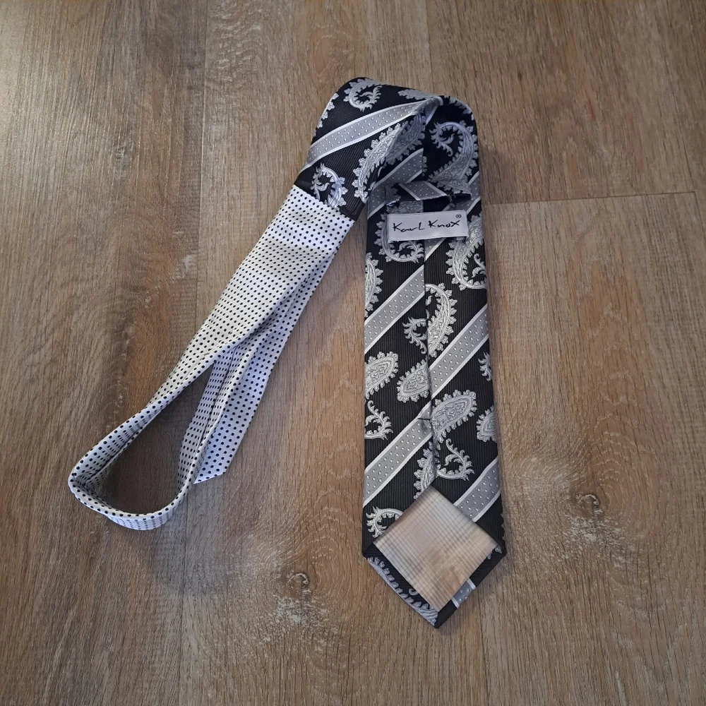 Karl Knox Vintage Silver Black Necktie Elegant Paisley Polka Dot Striped Design